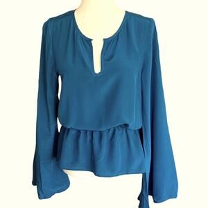 LA Made women’s silk blouse teal blousy sleeves gathered stretchy waist‎ size M